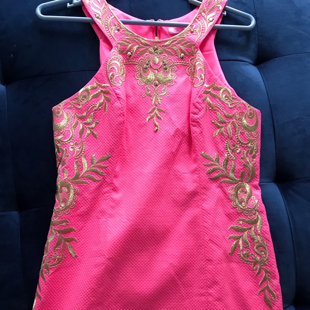 Lilly Pulitzer Coral Sunset Shift Dress Gold 6